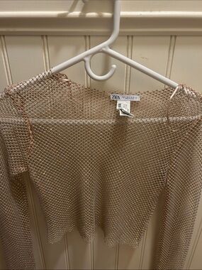 Zara Metallic Mesh Long-Sleeve Top - Rose Gold